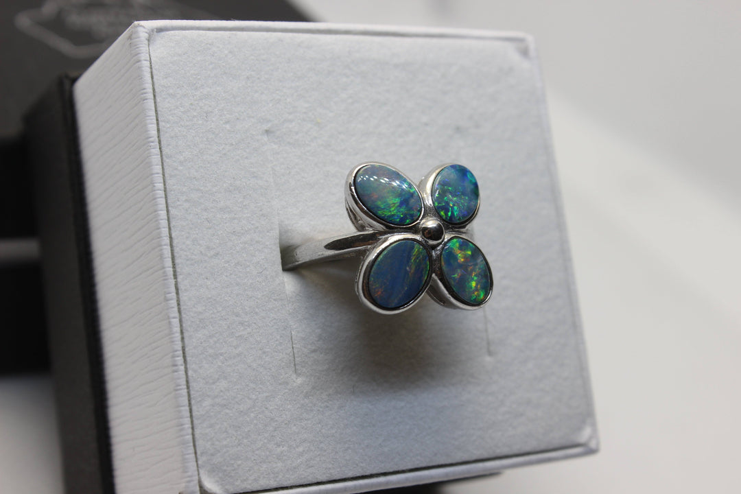 Australian Triplet Opal Flower Ring in Sterling Silver Setting Size L Rings Australian Opal House 