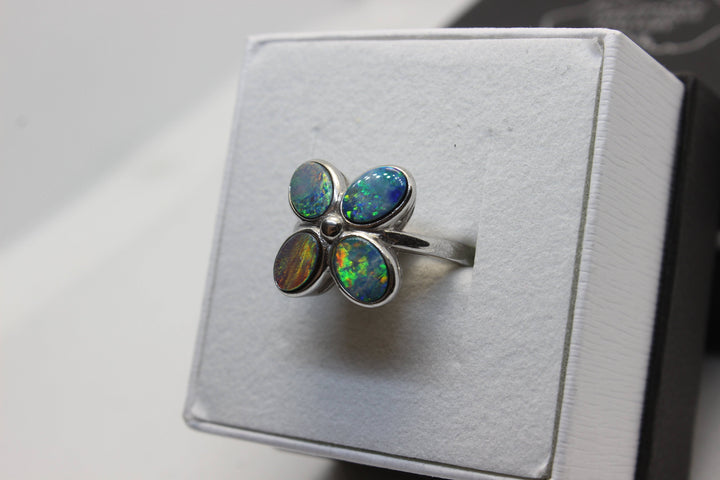 Australian Triplet Opal Flower Ring in Sterling Silver Setting Size L Rings Australian Opal House 