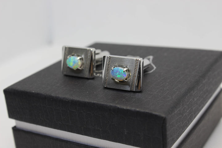 Australian Natural Solid Crystal Opal Cufflink Sterling Silver Setting Cufflink Australian Opal House 