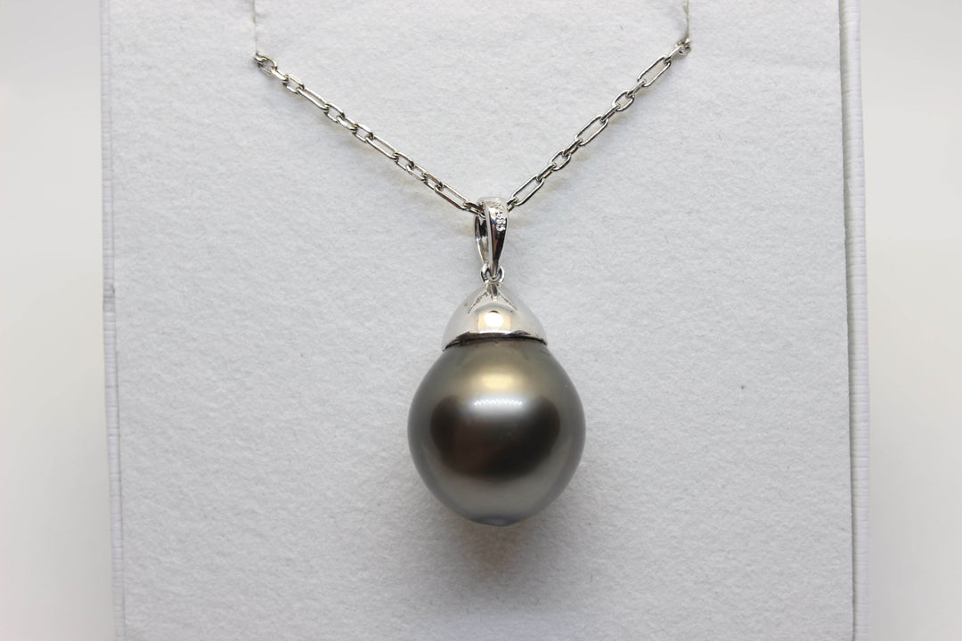 Natural South Sea Tahitian Black Pearl in 18k White Gold Setting Pendant Australian Opal House 