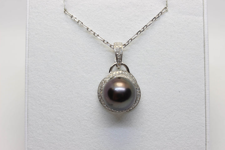 Natural South Sea Tahitian Black Pearl in 18k White Gold Setting w/ Melee Diamonds Pendant Australian Opal House 