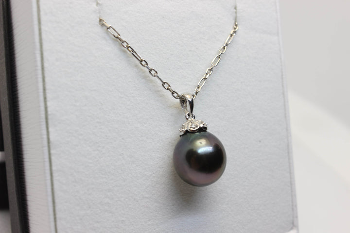 Natural South Sea Tahitian Black Pearl in 18k White Gold Setting w/ 3 Diamonds Pendant Australian Opal House 