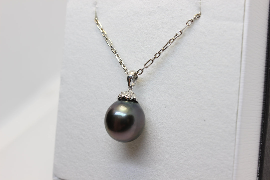 Natural South Sea Tahitian Black Pearl in 18k White Gold Setting w/ 3 Diamonds Pendant Australian Opal House 