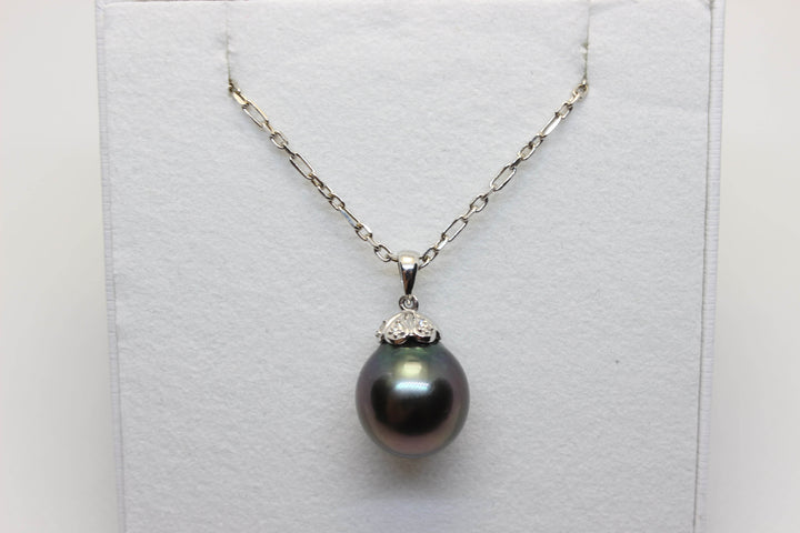 Natural South Sea Tahitian Black Pearl in 18k White Gold Setting w/ 3 Diamonds Pendant Australian Opal House 