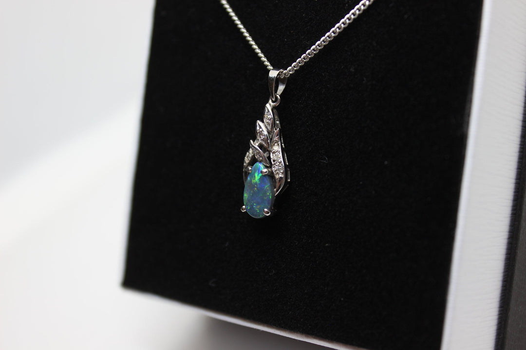 Australian Natural Black Opal Pendant in 18k White Gold Setting Pendant Australian Opal House 