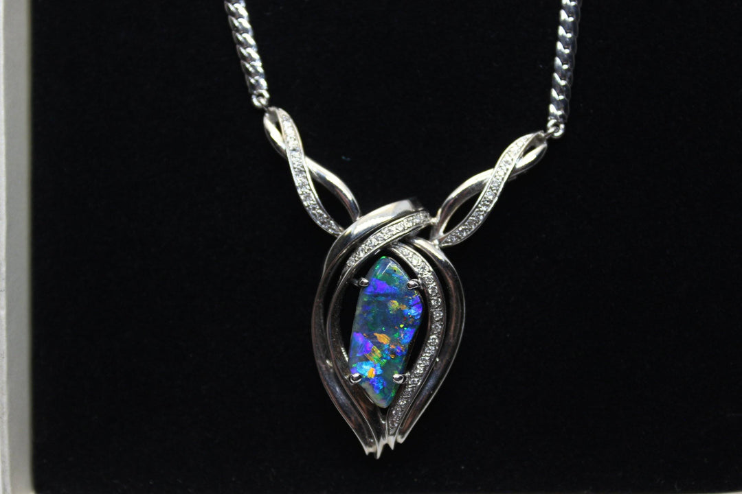 Australian Natural Black Opal Pendant in 18k White Gold Setting Pendant Australian Opal House 