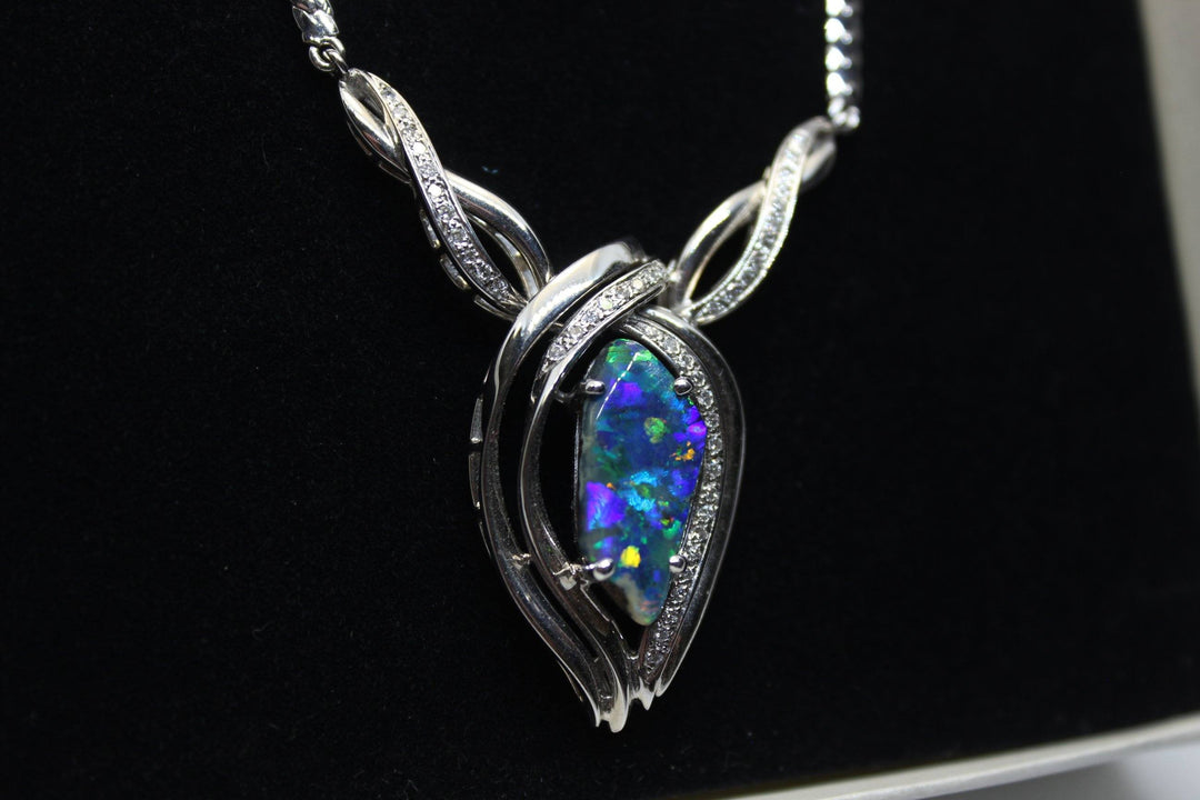 Australian Natural Black Opal Pendant in 18k White Gold Setting Pendant Australian Opal House 