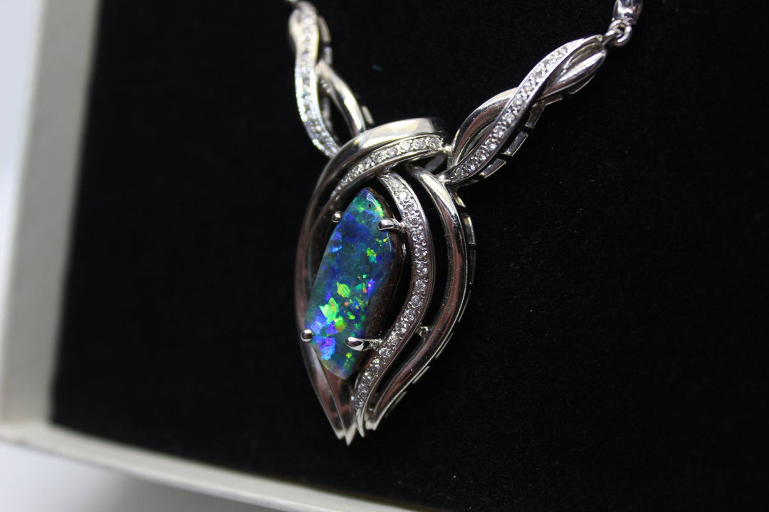 Australian Natural Black Opal Pendant in 18k White Gold Setting Pendant Australian Opal House 