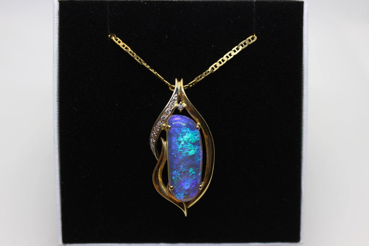 Australian Natural Crystal Opal Pendant in 18k Yellow Gold Setting with 10 Diamonds Pendant Australian Opal House 