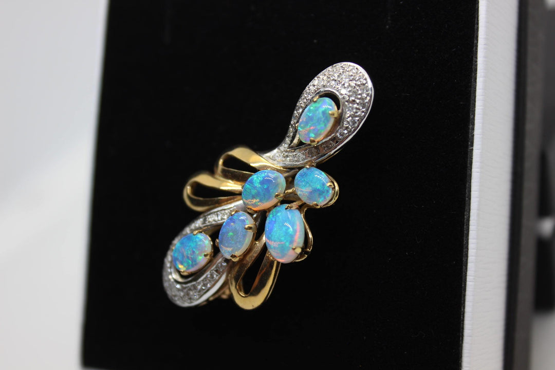 Australian Natural Crystal Opal Brooch in 14k Yellow Gold Setting Brooch Australian Opal House 