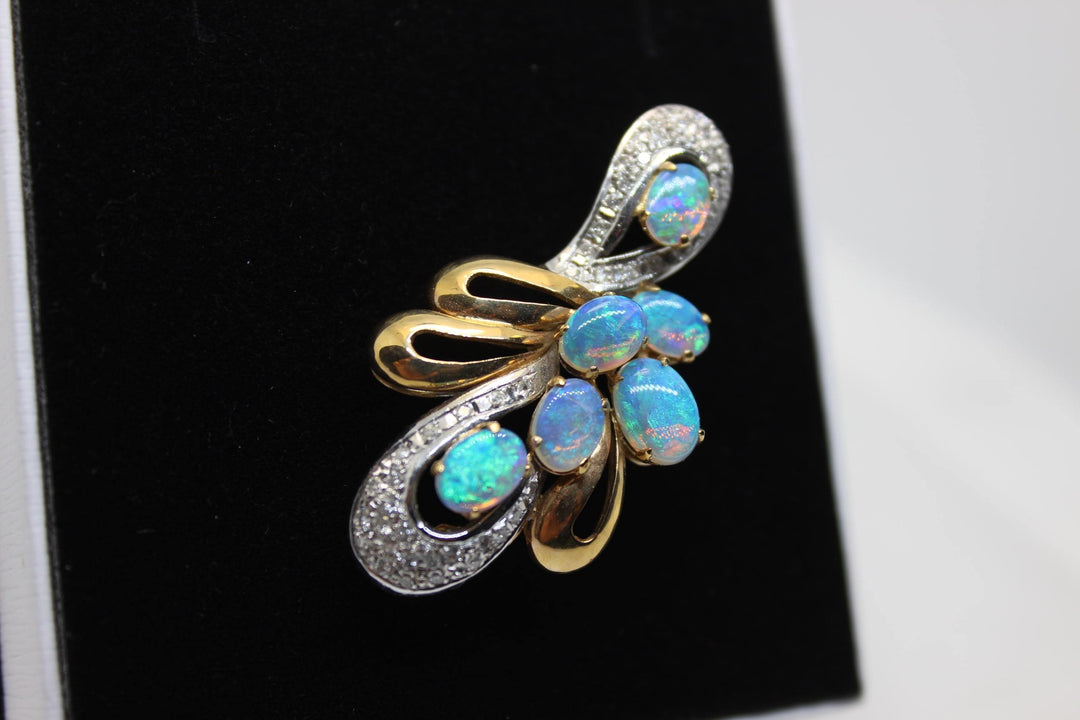 Australian Natural Crystal Opal Brooch in 14k Yellow Gold Setting Brooch Australian Opal House 