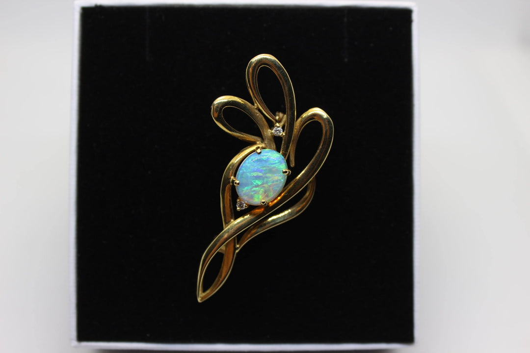 Australian Natural Crystal Opal Brooch in 18k Yellow Gold Setting Brooch Australian Opal House 