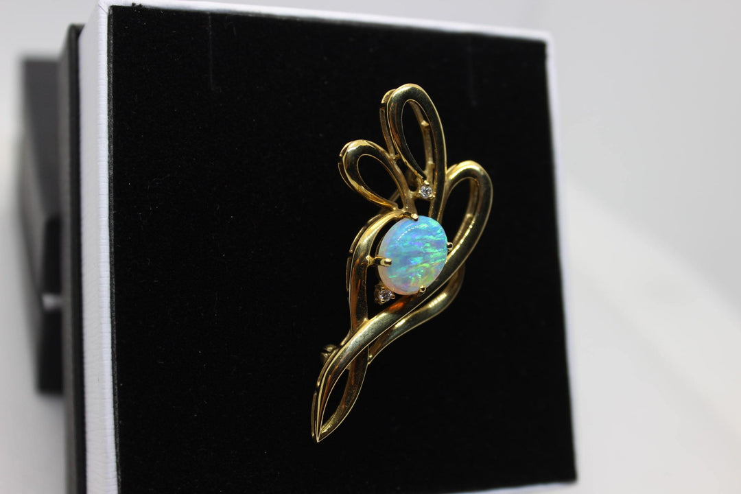 Australian Natural Crystal Opal Brooch in 18k Yellow Gold Setting Brooch Australian Opal House 