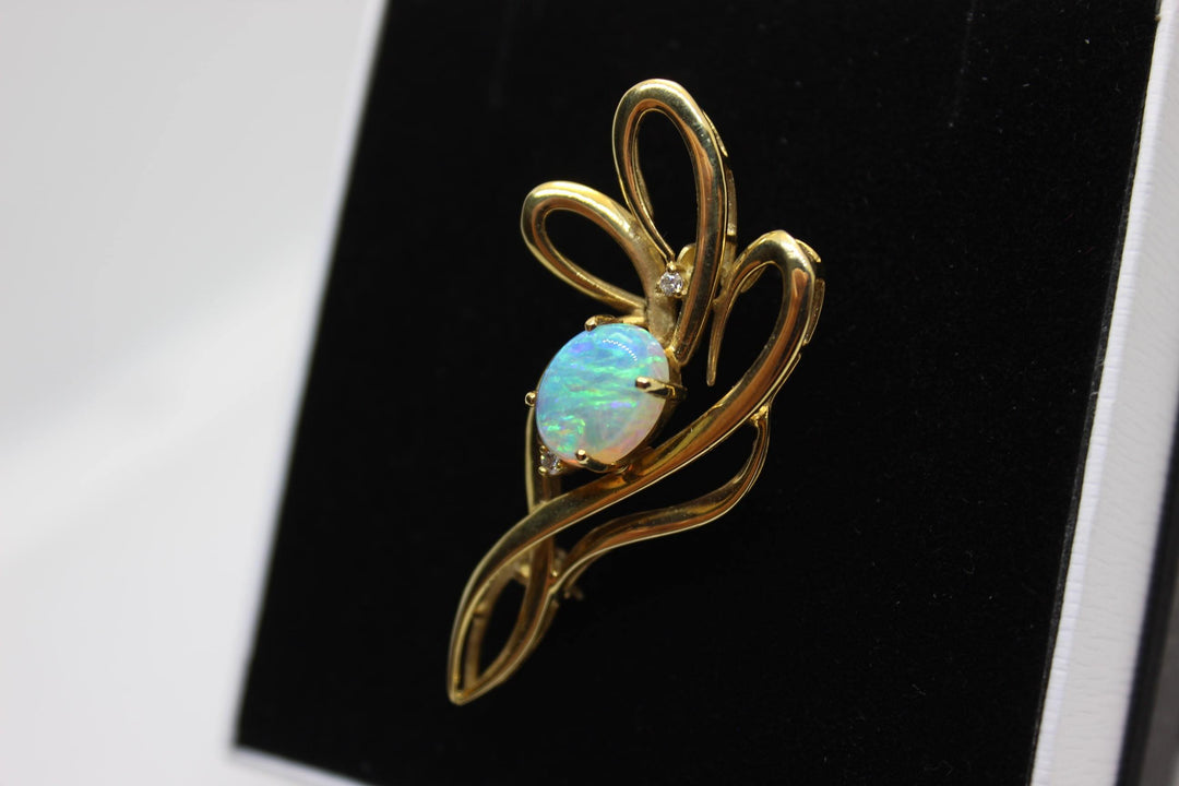 Australian Natural Crystal Opal Brooch in 18k Yellow Gold Setting Brooch Australian Opal House 