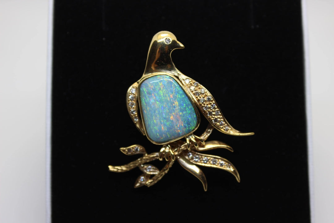 Australian Natural Crystal Opal Brooch in 18k Yellow Gold Setting Brooch Australian Opal House 