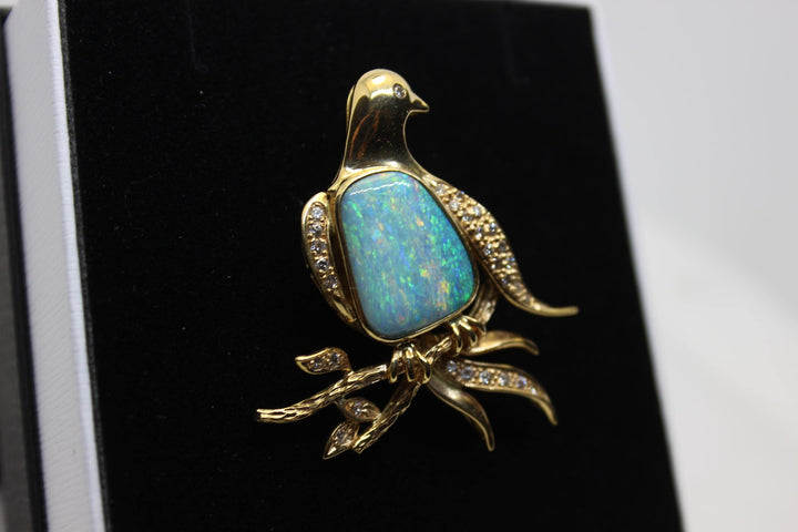 Australian Natural Crystal Opal Brooch in 18k Yellow Gold Setting Brooch Australian Opal House 