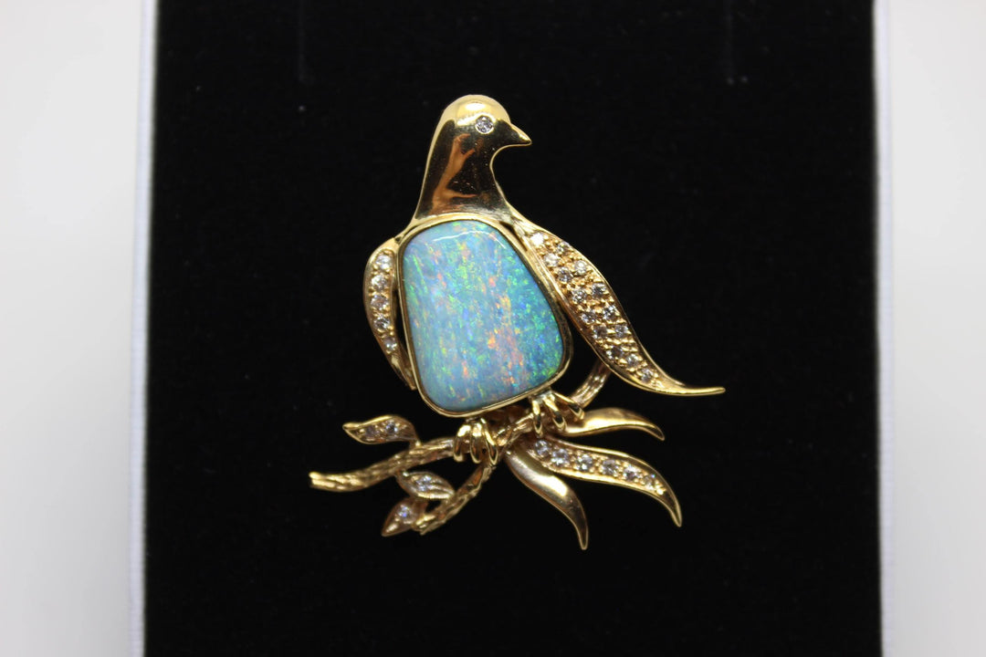 Australian Natural Crystal Opal Brooch in 18k Yellow Gold Setting Brooch Australian Opal House 