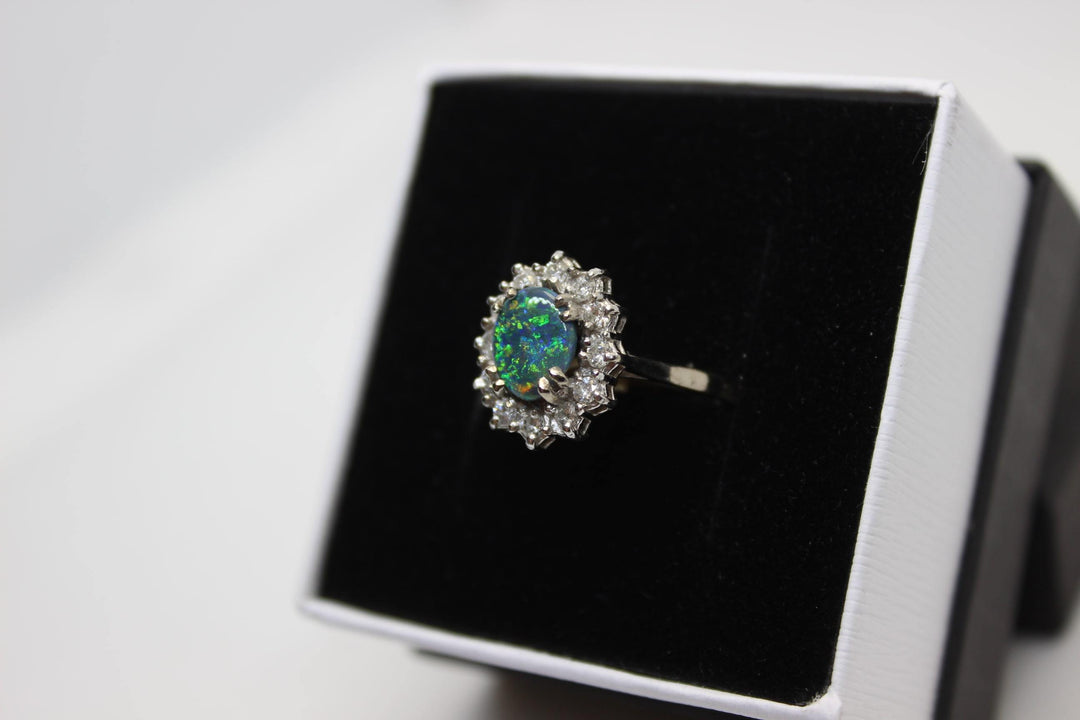 Australian Black Opal Ring in 18K White Gold Rings Australian Opal House 