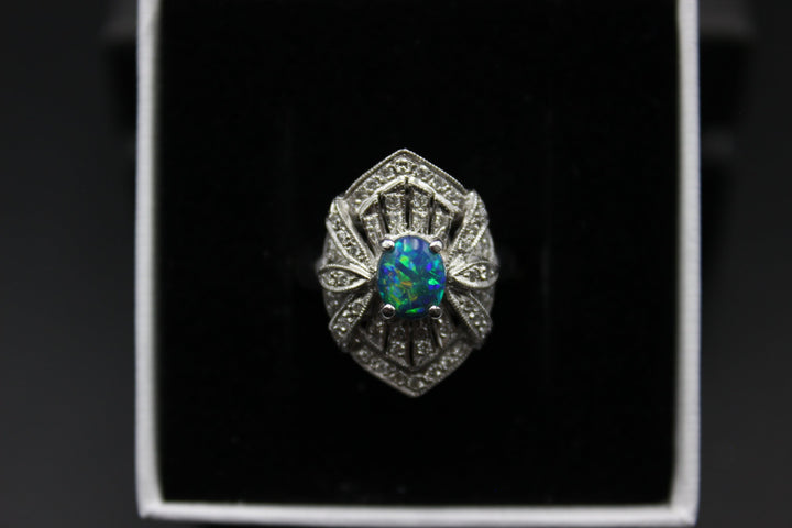 Australian Black Opal Ring in 18K White Gold Rings Australian Opal House 