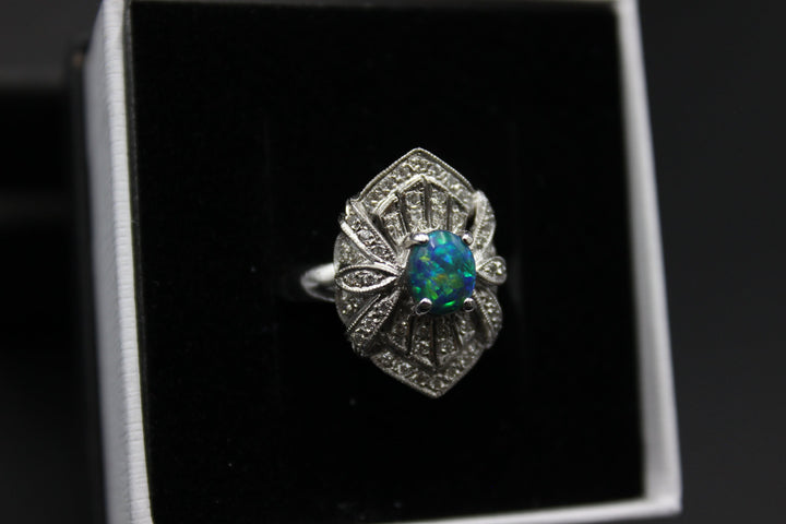 Australian Black Opal Ring in 18K White Gold Rings Australian Opal House 