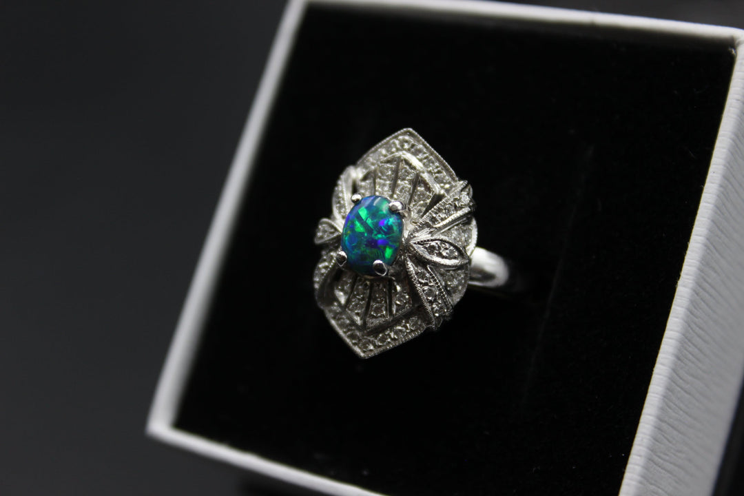 Australian Black Opal Ring in 18K White Gold Rings Australian Opal House 