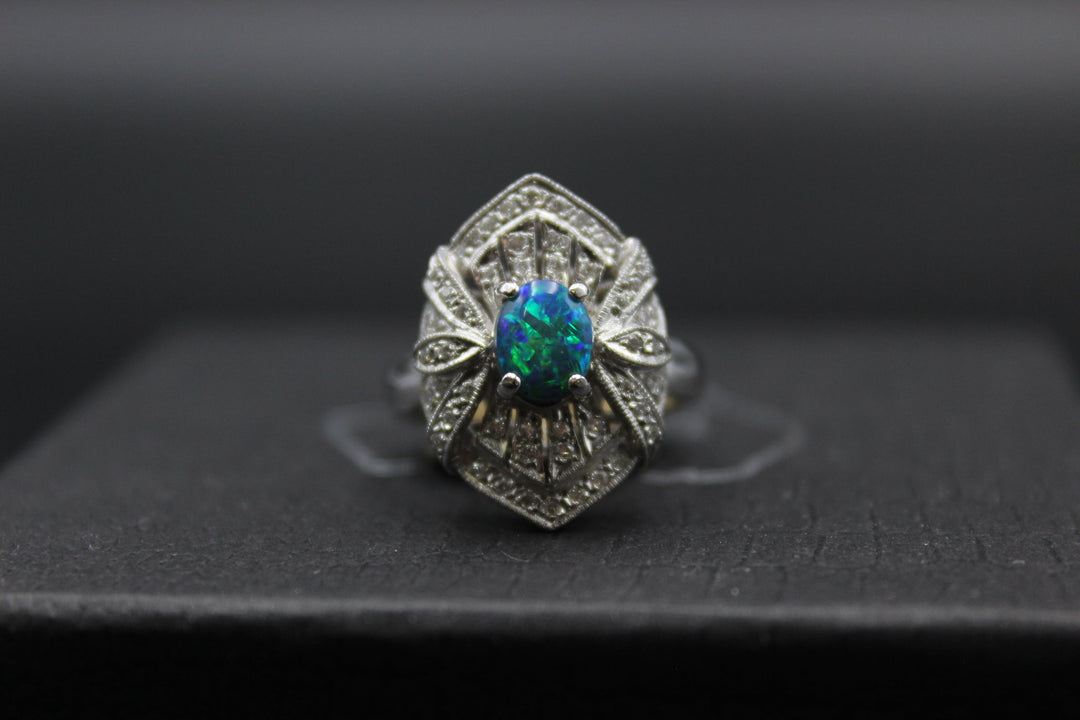 Australian Black Opal Ring in 18K White Gold Rings Australian Opal House 