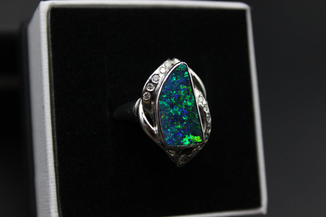 Australian Boulder Opal Ring in 18K White Gold Rings Australian Opal House 